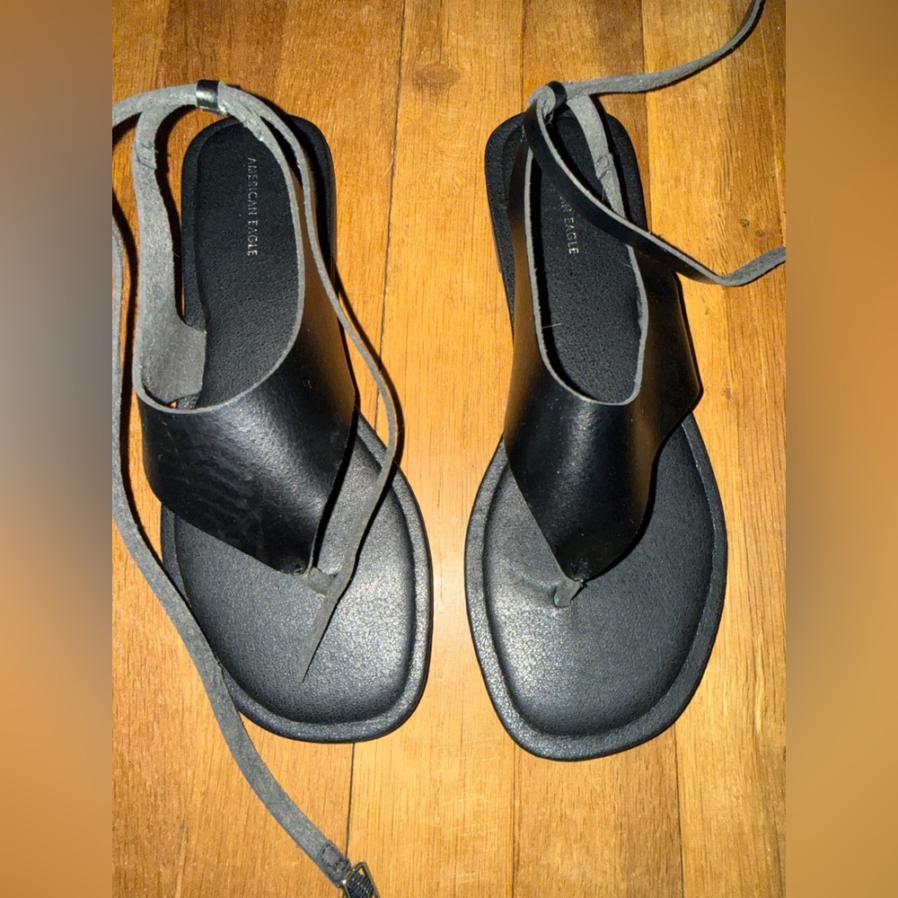 American Eagle Outfitters Black Leather Lace-Up Thong Sandals - Picture 2 of 3